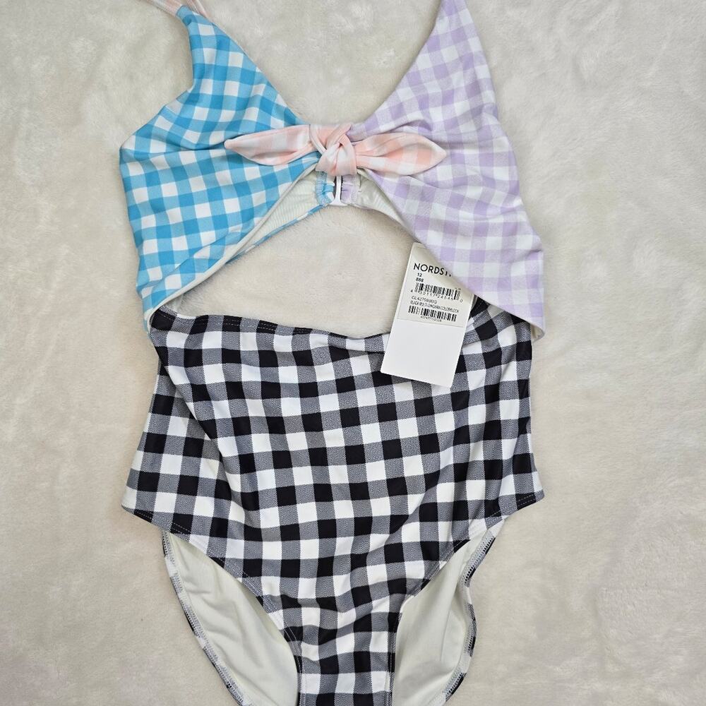 Nordstrom Gingham Print Cutout One-Piece Swimsuit size 12 Youth NWT